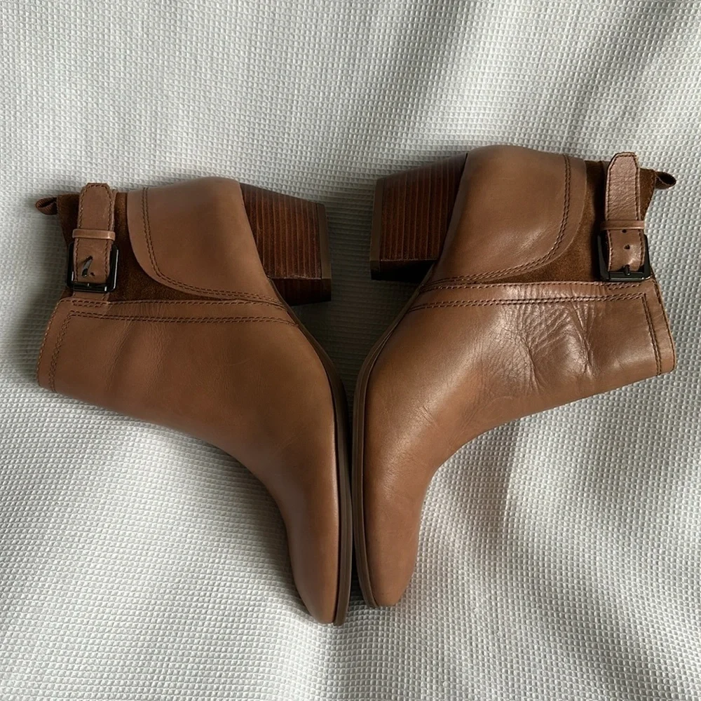 Franco Sarto Garda Women’s Camel Brown Leather Block Heel Zip Ankle Boots Sz 8M